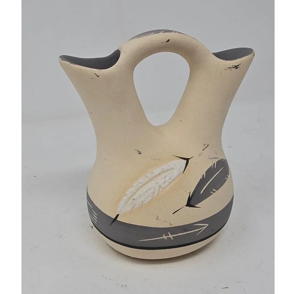Native American Style wedding vase hand painted feather arrow ceramic pottery